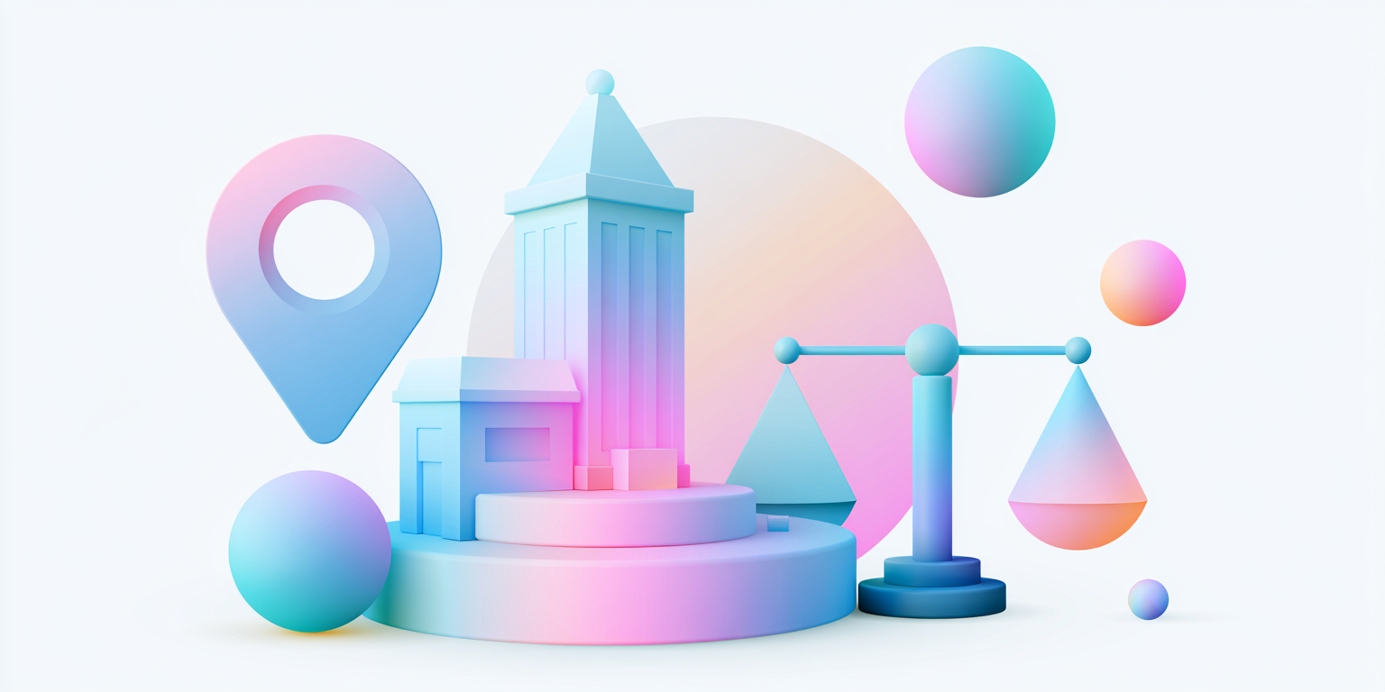 Flat vector illustration representing multi-state business payroll, a map pin and comparison scale
