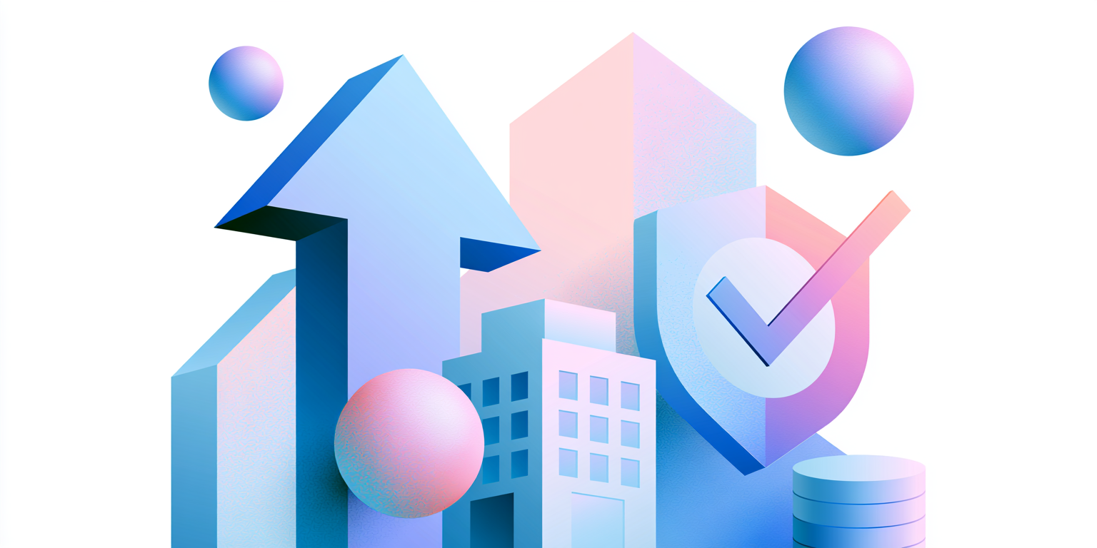 Flat vector illustration representing mid-size business payroll self-service, a growth arrow and checkmark shield