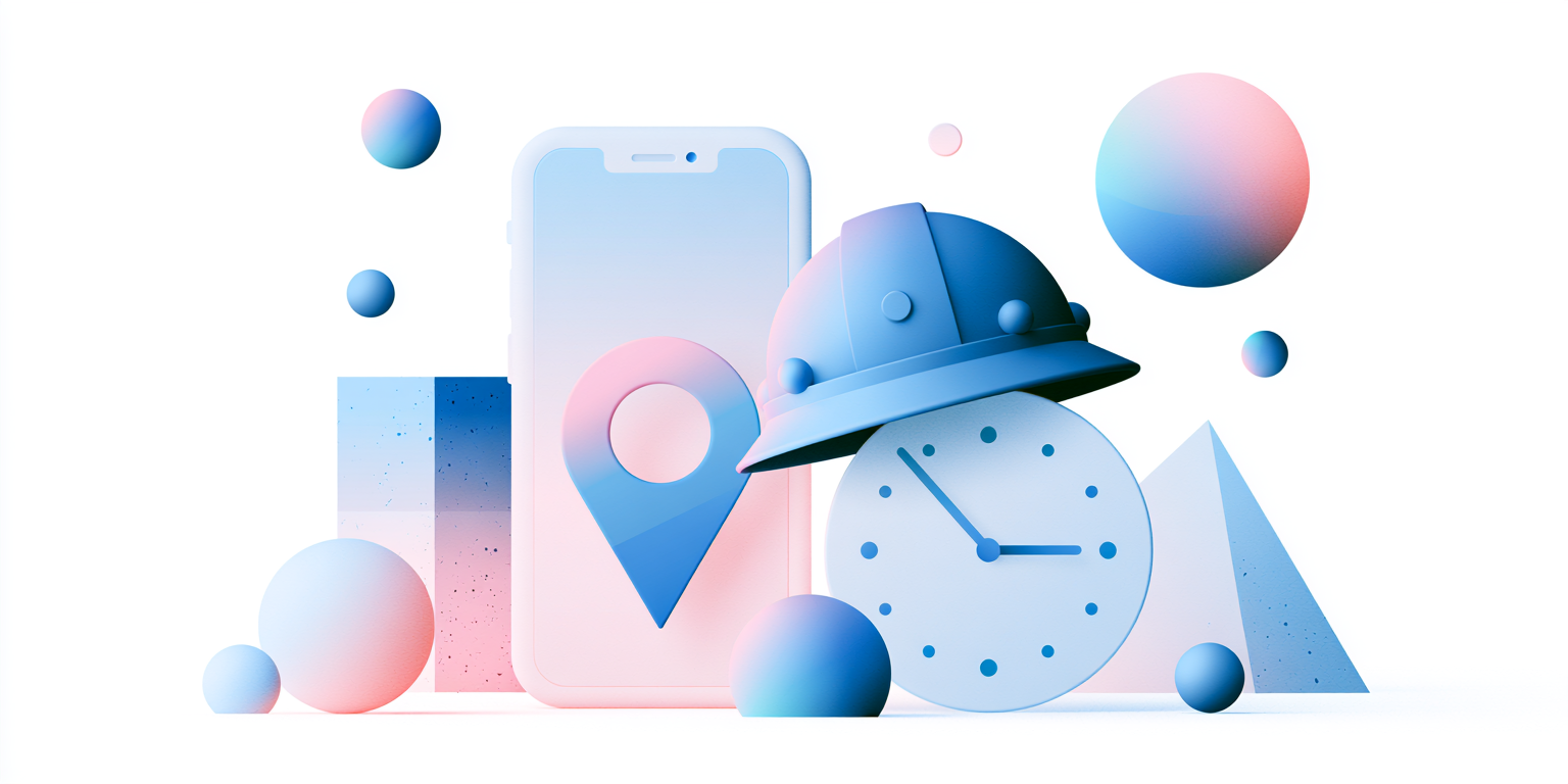 Flat vector illustration representing mobile payroll for deskless workforces, a smartphone and hard hat