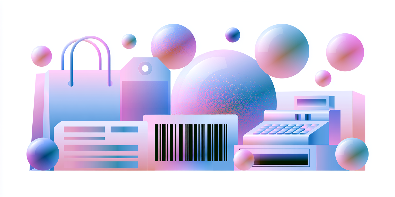 Flat vector illustration representing retail store payroll, shopping bags and a cash register