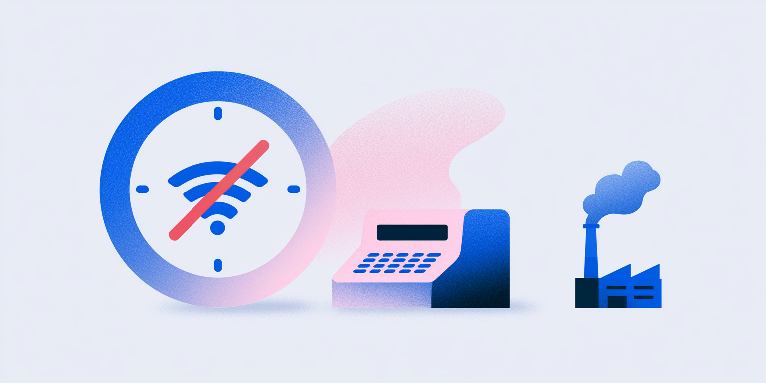 Flat illustration of a clock with a crossed-out signal icon next to a time clock punch device and factory, representing time tracking without a device