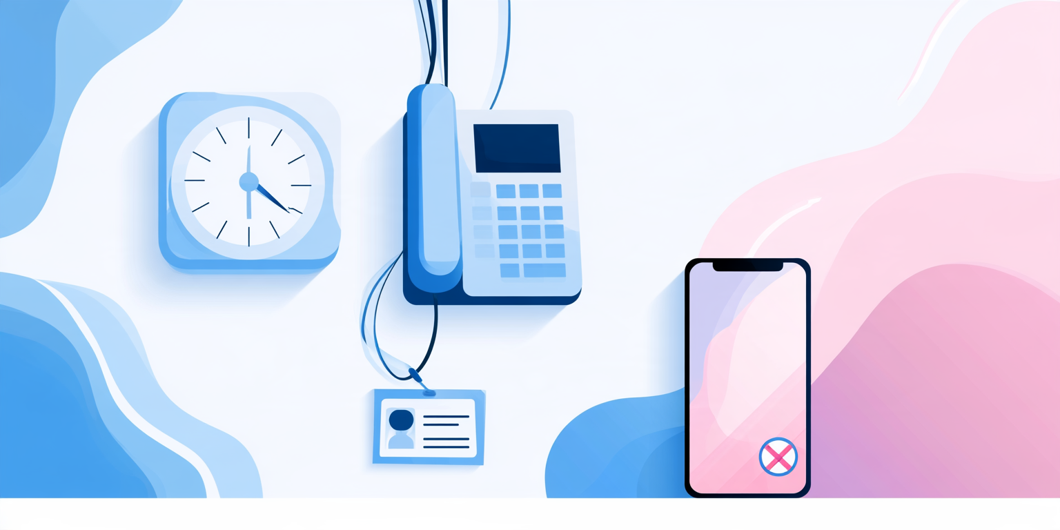 Flat illustration of a wall-mounted time clock and badge instead of a mobile phone
