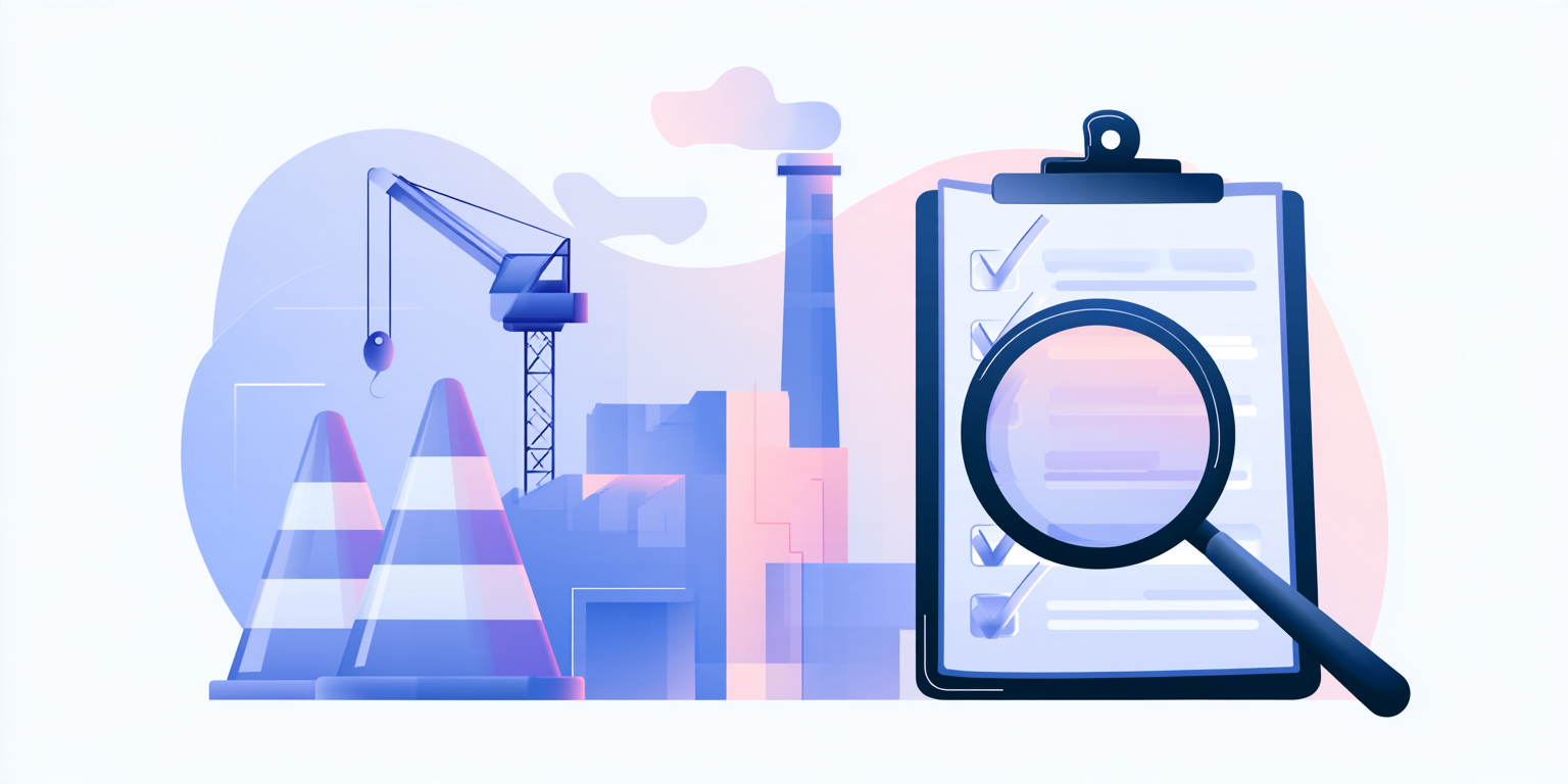 Illustration of construction cones, a crane, and a factory with a checklist representing BBSI alternatives