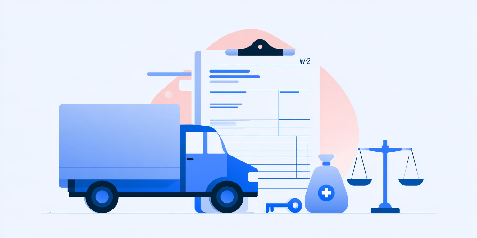 Illustration of a W-2 form beside a delivery truck, medical bag, and balance scale, comparing Netchex and GMS