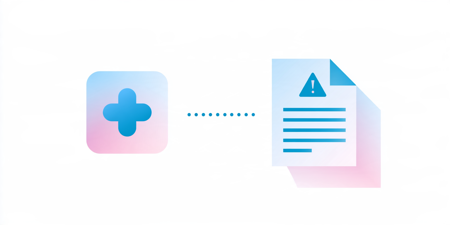 A healthcare icon connected to a tax document with a warning icon, representing open enrollment mistakes that affect ACA filing