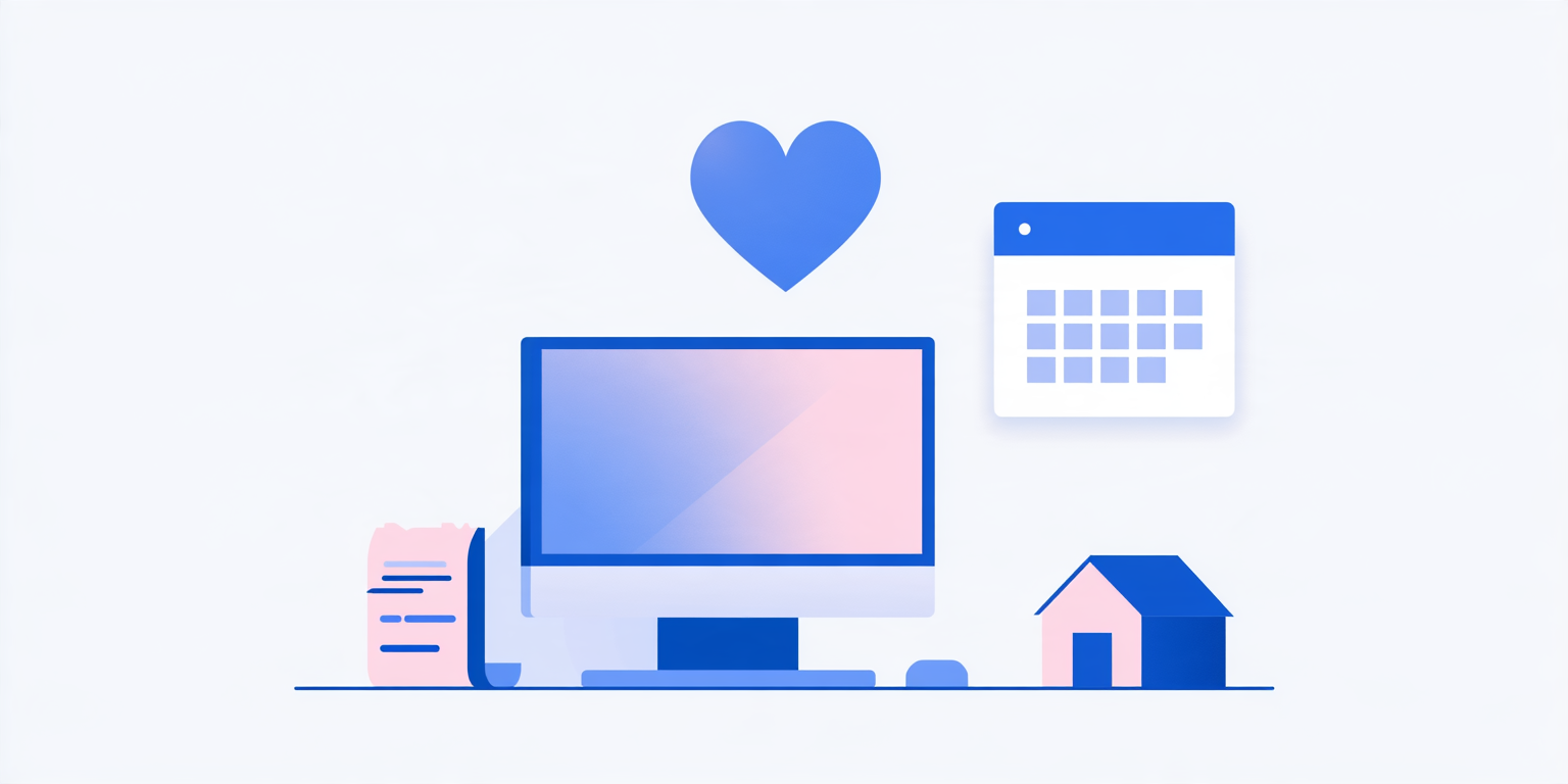 A pay stub beside a small house and a wall calendar with a heart above, representing state paid family leave payroll deductions