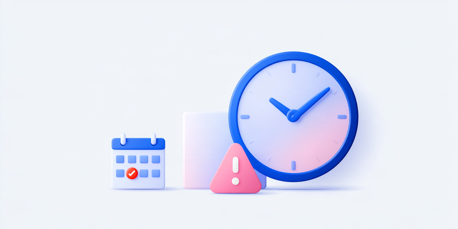 Illustration of a clock and calendar with an alert icon, representing time and attendance software that prevents payroll errors