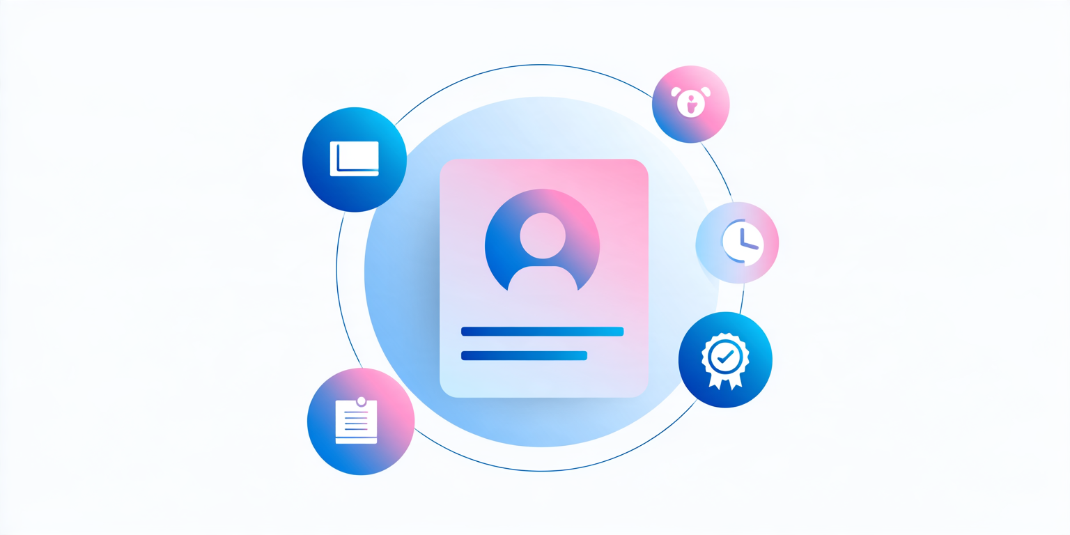 Illustration of a connected employee record linked to payroll, time clock, benefits, and certification icons, representing an HRIS