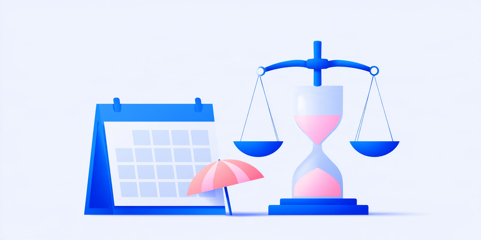 A desk calendar beside a balance scale, an hourglass and a beach umbrella, representing PTO accrual balances that don't match