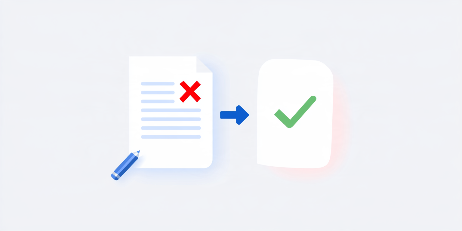 A document with an error being corrected into a document with a checkmark, representing year-end payroll mistakes and W-2c corrections