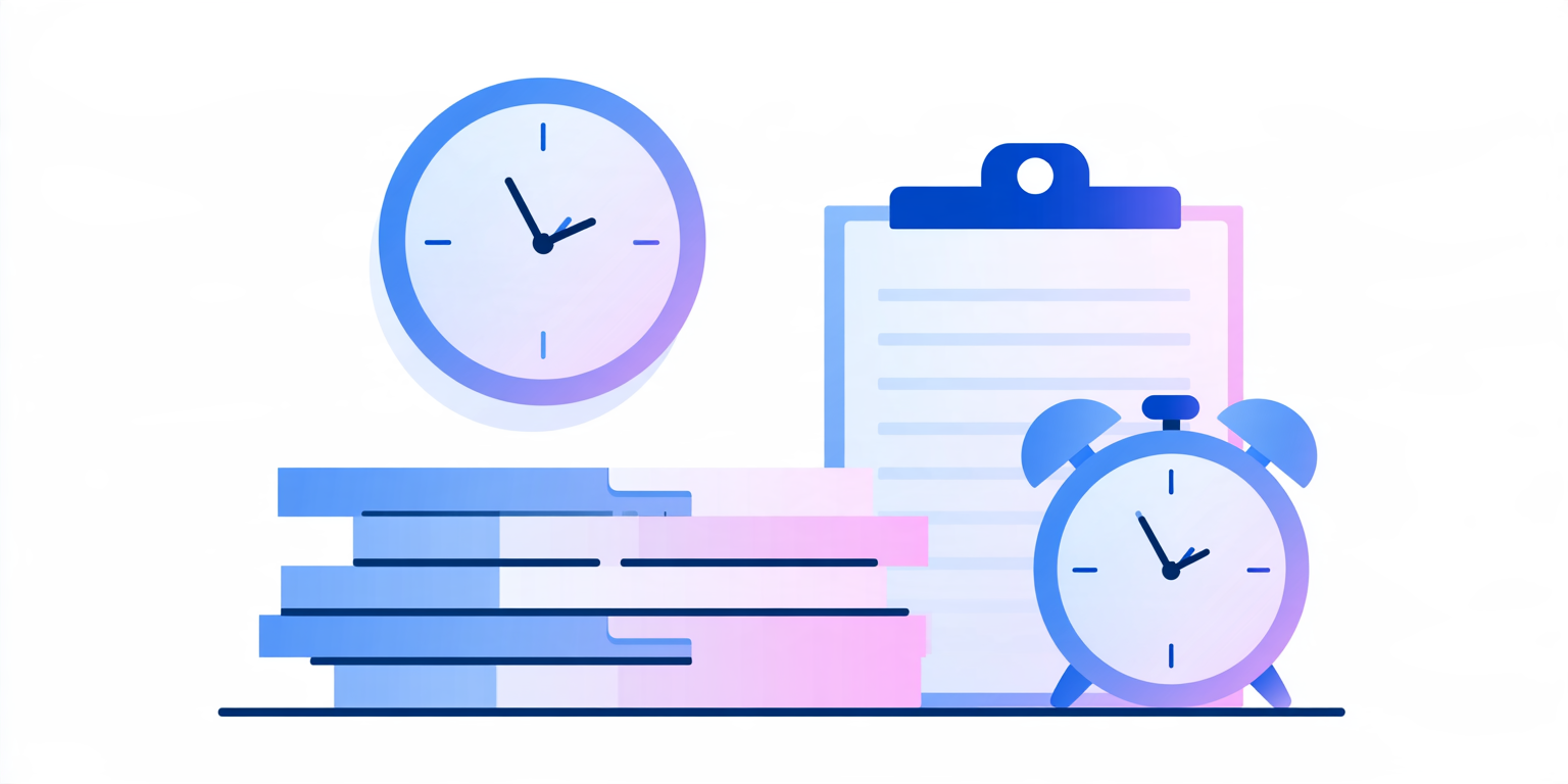 Flat illustration of a wall clock, an alarm clock, a clipboard and a stack of timecards representing missed punches before payroll