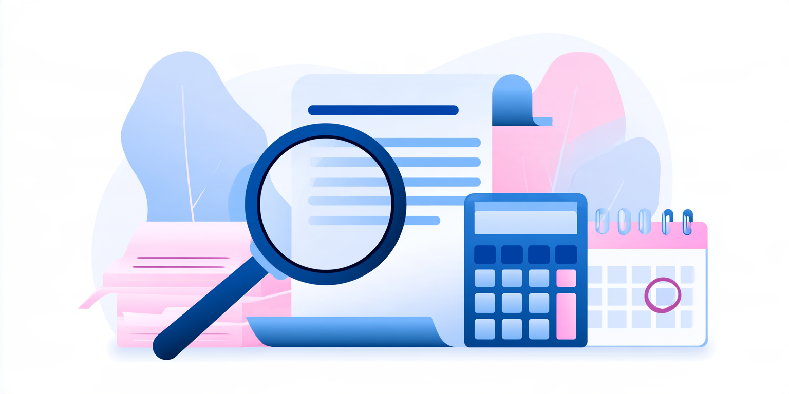 Flat illustration of a magnifying glass over a payroll contract with a calculator and a calendar with a circled renewal date, showing payroll services cost