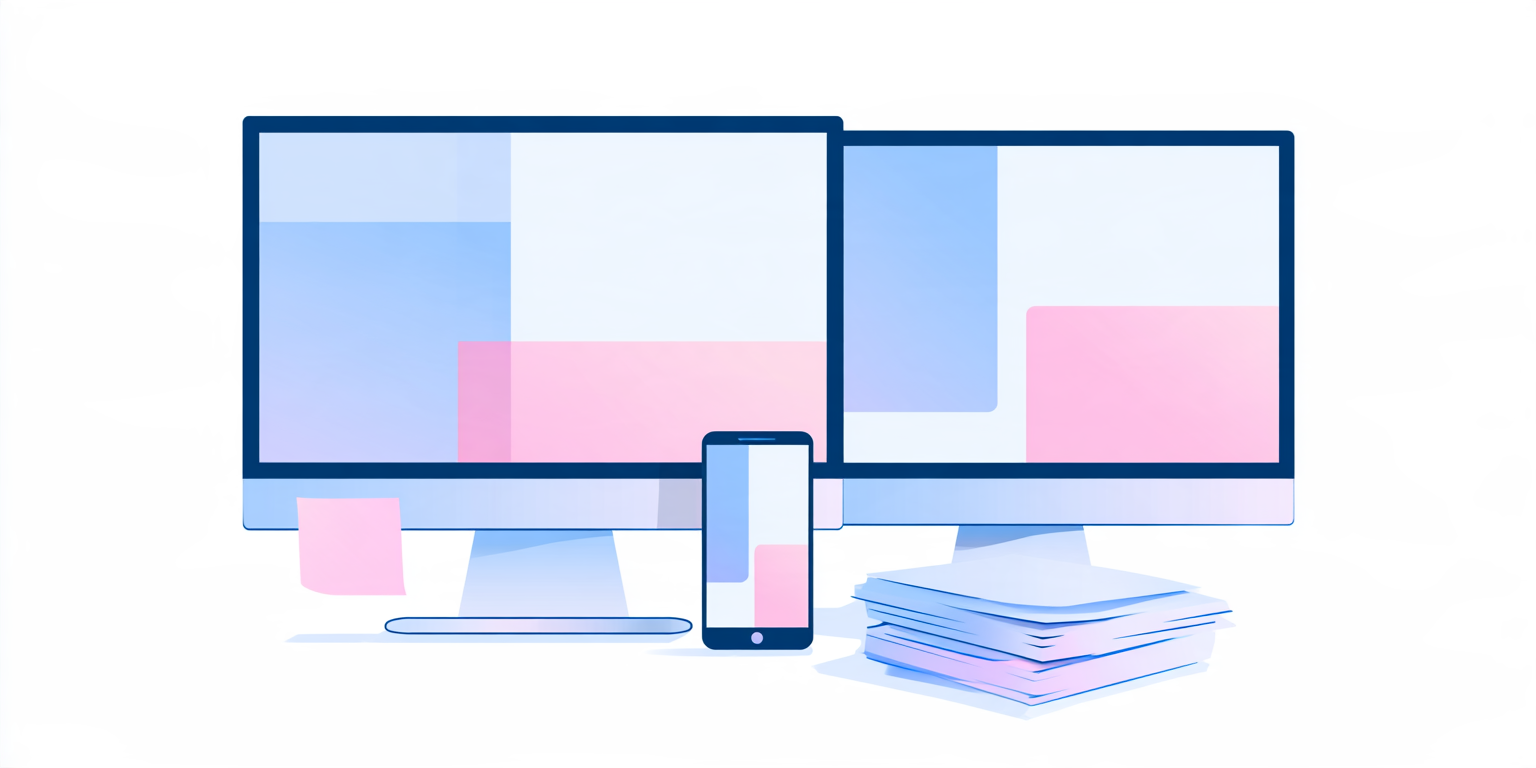 Flat illustration of two computer monitors with mismatched forms, a smartphone and a stack of paper forms, showing an applicant tracking system that doesn't connect to payroll