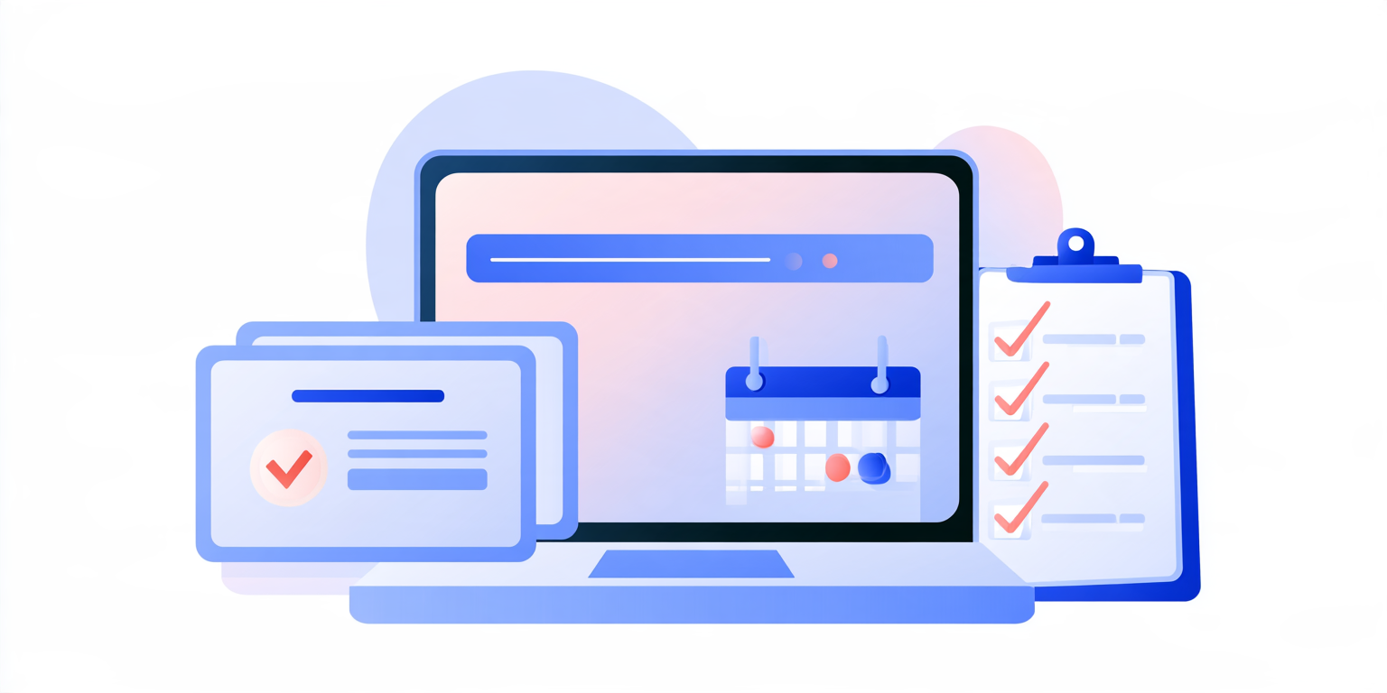 Flat illustration of a laptop with a progress bar, a certificate, a calendar and a checklist clipboard for compliance training tracking
