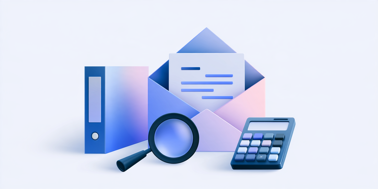Flat illustration of an opened envelope holding a payroll tax notice, with a magnifying glass, a binder and a calculator