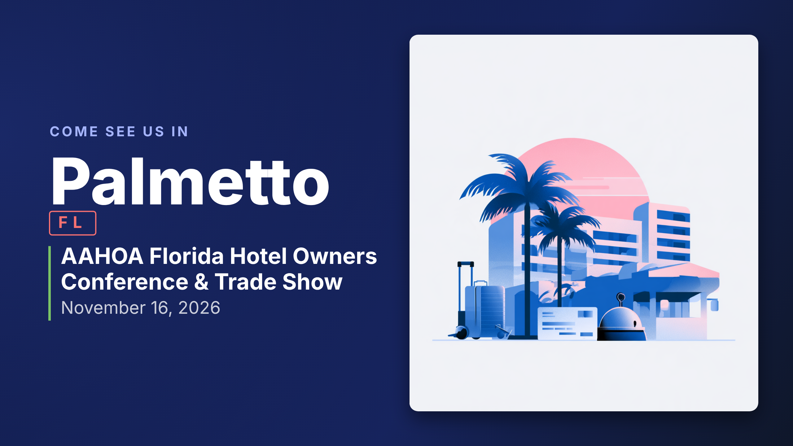 Illustration of a hotel building with a palm tree, a key card and a conference badge