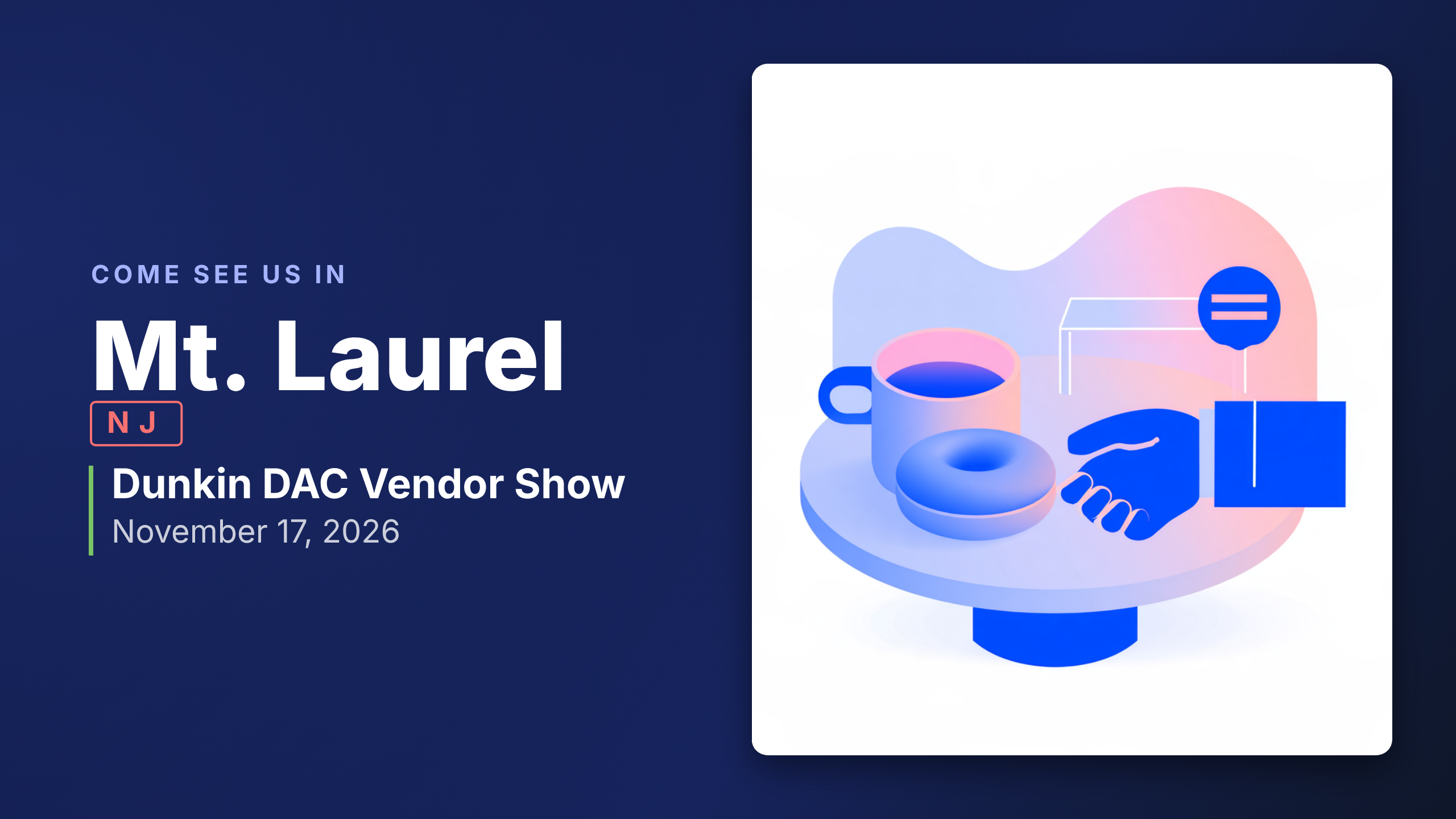 Illustration of a coffee cup with a donut, a vendor booth table and a partner badge